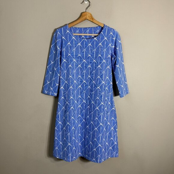 Mahi Gold Patterned Shift Mini Dress Womens Small Blue White Nautical Scuba Chic - Picture 2 of 10
